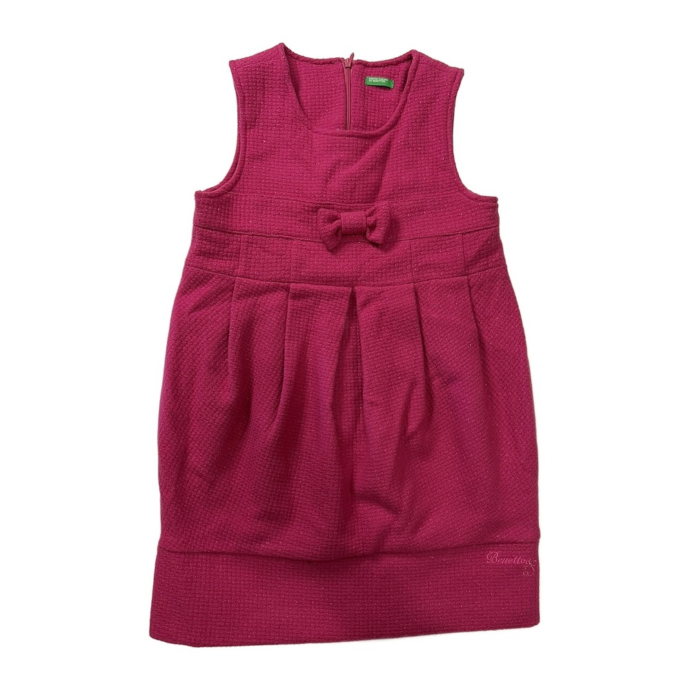 VTG United Colors of Benetton Girls Magenta Pink Tweed Shimmer Bow Dress Kids L